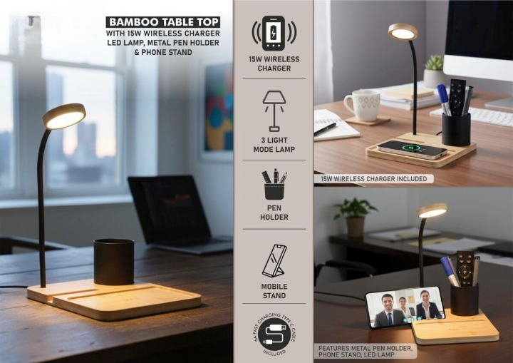 Bamboo Table top with 15W Wireless Charger